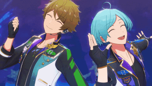 a couple of anime characters one of which has the letter e on his jacket