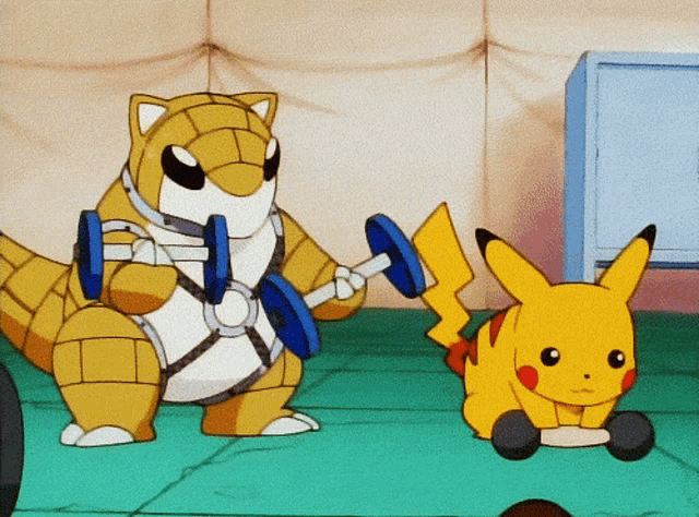 a cartoon character is lifting a dumbbell next to another cartoon character