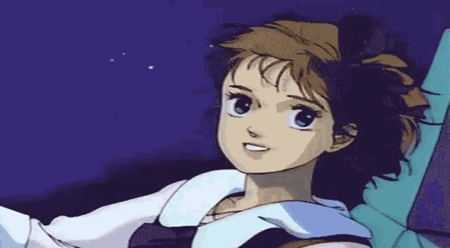 a girl with brown hair and blue eyes is smiling in a cartoon