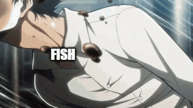 a man in a white shirt is being hit by a fish