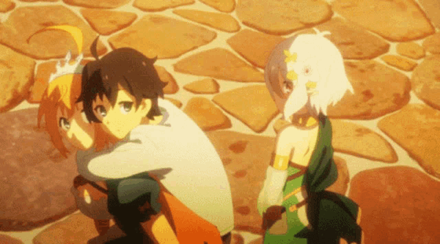 a couple of anime characters standing next to each other on a stone floor