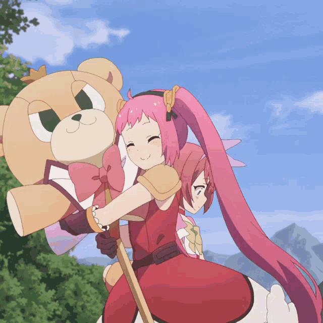 a girl with pink hair is holding a teddy bear