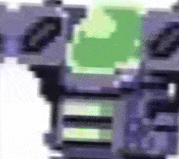 a pixel art drawing of a purple robot with a green screen behind it .