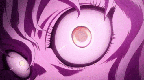 a close up of a purple anime character 's eye with a glowing eyeball .