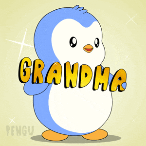 a blue and white penguin with the word grandma written on it