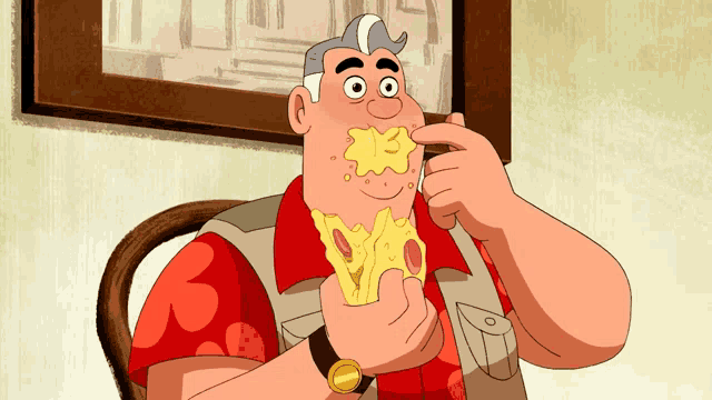 a cartoon man is eating a slice of cheese