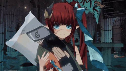 a girl with red hair is holding a pillow with a naruto headband on it