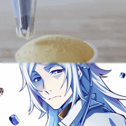 a drawing of a person with long white hair and a cake on top of their head