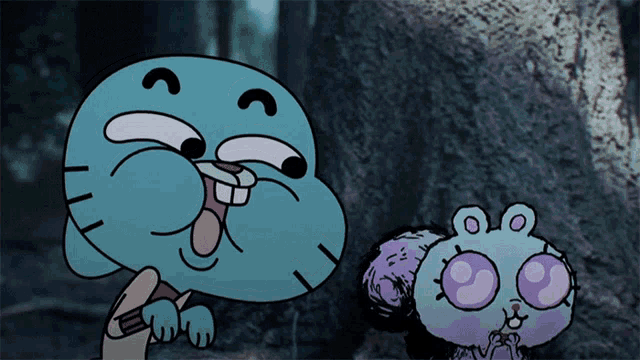 a cartoon character named gumball is laughing while standing next to a cartoon character with purple eyes