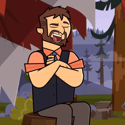 a man in a vest and tie is sitting on a stump with his arms crossed and laughing