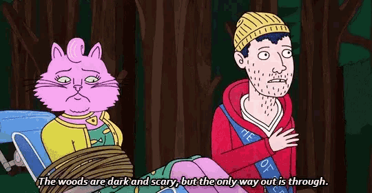 a cartoon of a man and a pink cat talking about the woods being dark and scary .