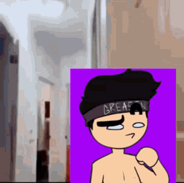 a cartoon of a shirtless man with a headband that says great on it