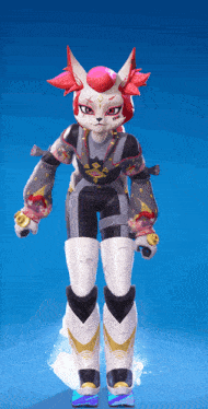 a cartoon character with a fox 's face and red hair is standing in front of a blue background