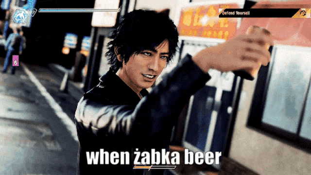 a video game screen shows a man holding a beer and says when zaba beer