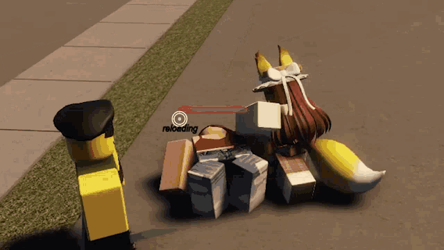 a video game character is standing next to a fox laying on the ground .