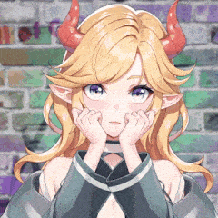 a girl with long blonde hair and horns is making a funny face