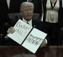 a man in a suit and tie is holding a piece of paper that says border wall .