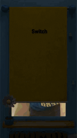 a boy in a blue shirt is standing in front of a switch sign
