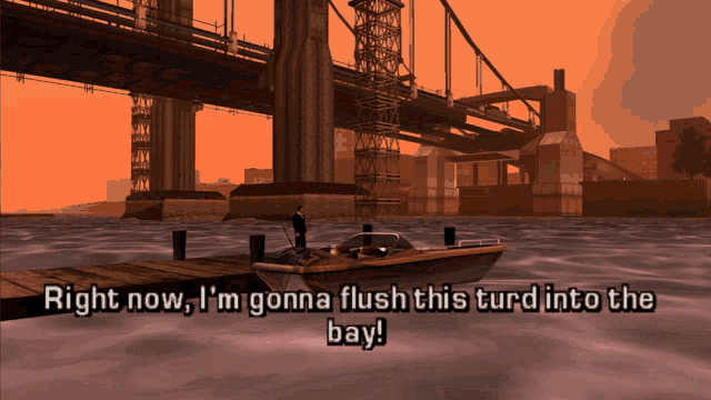 a video game screen shows a man fishing and says right now i 'm gonna flush this turd into the bay