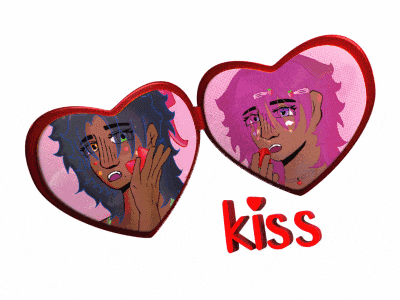 two heart shaped mirrors with the word kiss in red