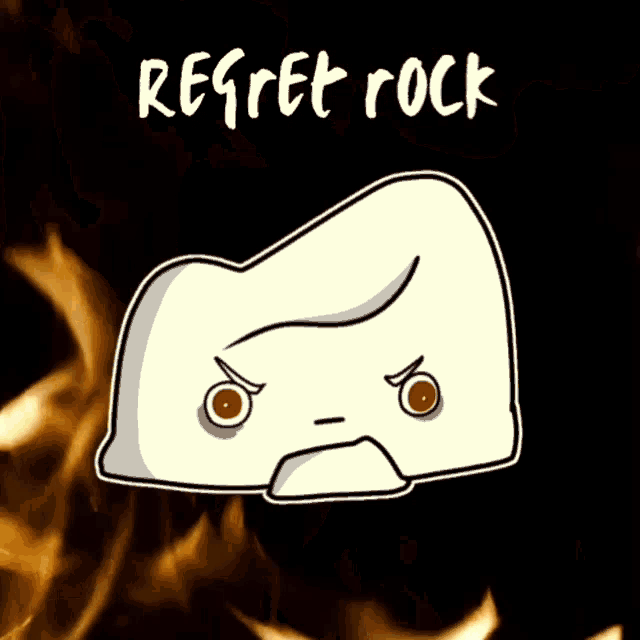 a cartoon drawing of a rock with red eyes and the words " regret rock " above it