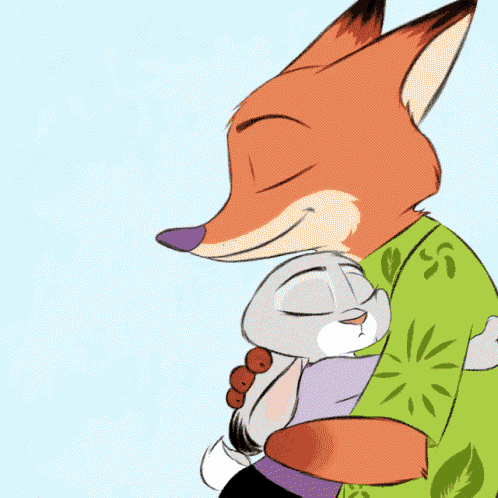 a drawing of a fox holding a rabbit with a green shirt on