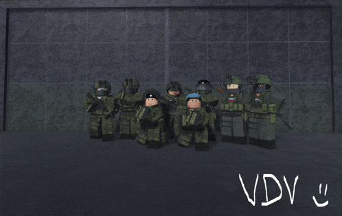 a group of soldiers are standing in front of a wall with the word vdv written on the bottom