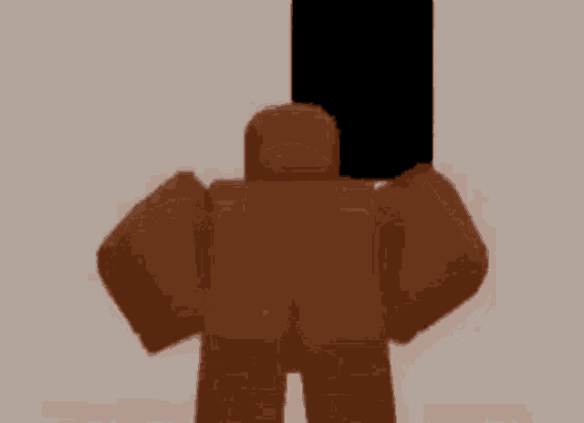 a brown roblox character is standing in front of a black wall .