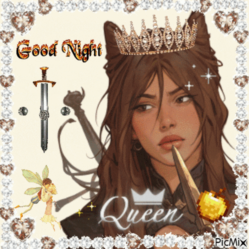 a picture of a woman wearing a crown and holding a sword with the words good night queen above her
