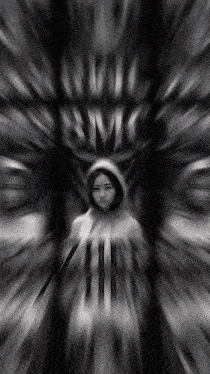 a blurry black and white photo of a woman in a hood with the word evil behind her