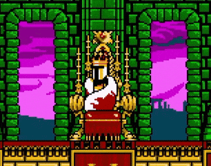 a pixel art of a knight sitting on a throne with a crown on his head .