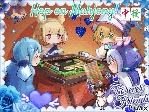 a picture of a group of girls playing mahjong with the caption hop on mahjong and forever friends