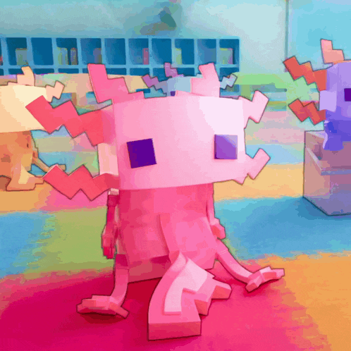 a pink minecraft axolotl is standing on a colorful carpet