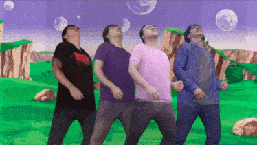 a group of people are standing in a field looking up at the moon