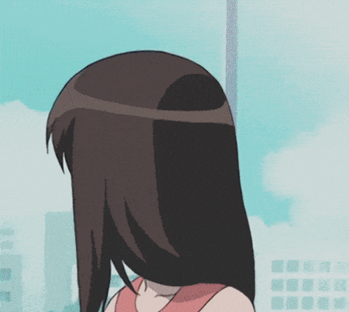 a cartoon of a girl with long brown hair standing in front of a building