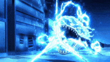 a shark is being attacked by a blue lightning storm