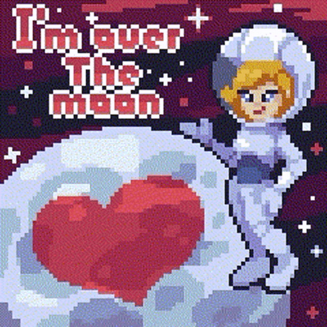 a pixel art of a woman in a space suit holding a heart with the words i 'm ever the moon