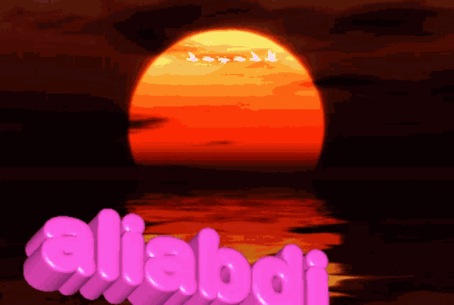a picture of a sunset with the name aliabadi in pink