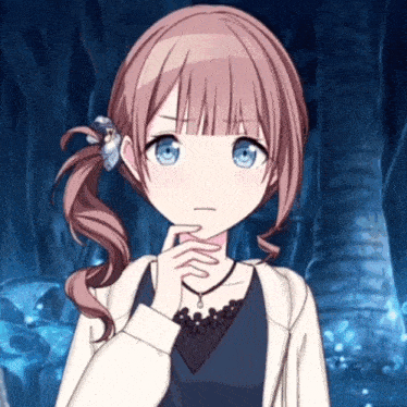 a girl with pink hair and blue eyes is wearing a white jacket and a black top