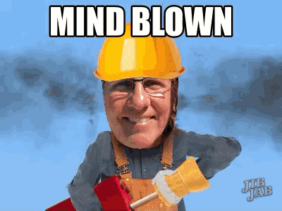a cartoon of a man wearing a hard hat with the words mind blown written on it