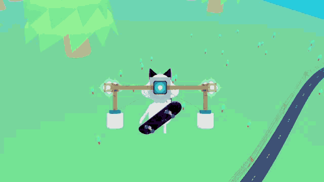 a cartoon cat is holding a purple skateboard with a blue square in its eyes