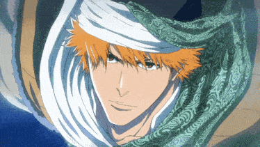 a drawing of a man with orange hair wearing a white scarf around his head
