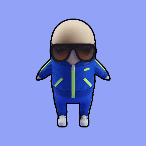 a cartoon character wearing sunglasses and a blue track suit