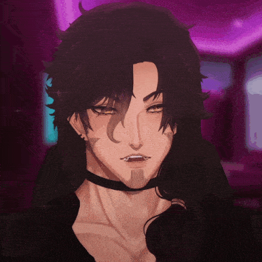a drawing of a vampire with long hair and a choker around his neck
