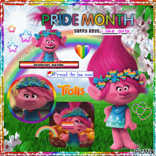 a picture of trolls celebrating pride month with a rainbow background