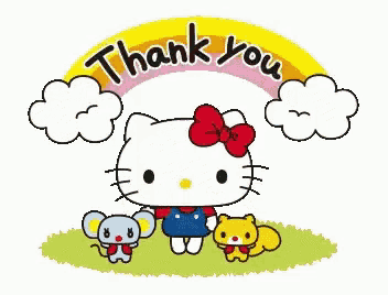 hello kitty is standing in the grass with two mice and a squirrel under a rainbow and saying thank you .