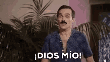 a man with a mustache is standing in front of a palm tree and saying dios mio !
