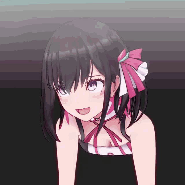 a black haired anime girl with purple eyes and a pink bow on her head