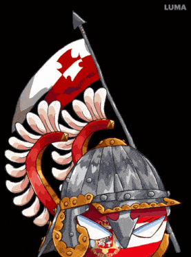 a cartoon drawing of a helmet holding a flag with luma written on the bottom left