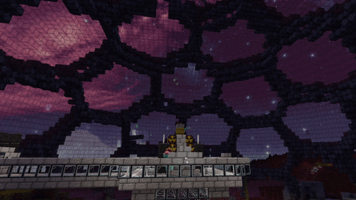 a minecraft screenshot of a building with a purple sky behind it